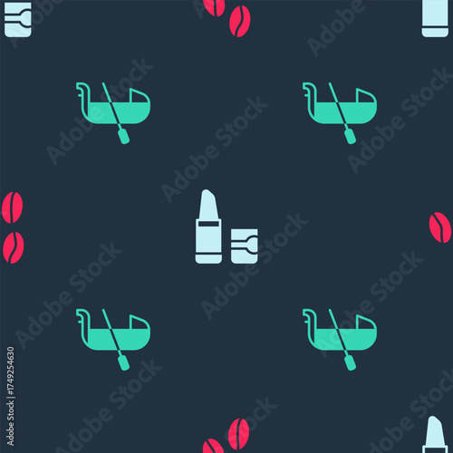 Set Coffee beans, Lipstick and Gondola on seamless pattern. Vector