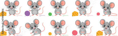 Cute Cartoon Mice Characters Posing with Cheese and Yarn Balls on White Background Illustration,  Playful Rodents for Children's Storybooks, Happy Animal Clipart, Educational Resource, Pet, Design Ele