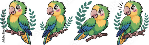Adorable Cartoon Parrot Illustrations Perched on Branch with Leaves, Colorful Plumage Design for Children's Book, Educational Material, Tropical Bird Character, Mascot, Exotic Wildlife, Avian, Cute, H