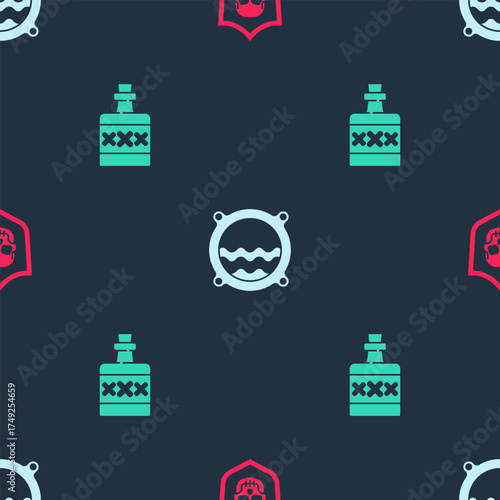 Set Shield with pirate skull, Ship porthole seascape and Alcohol drink Rum on seamless pattern. Vector