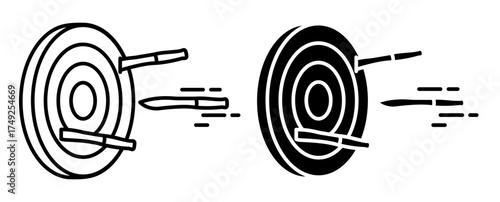 Linear icon, circus performer throwing knives fly towards a target. Simple black and white vector isolated on white background