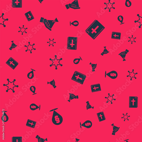 Set Location law, Bribe money bag, Hexagram sheriff and Holy bible book on seamless pattern. Vector