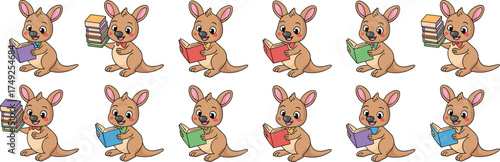 Delightful Kangaroo Characters Reading Books in an Educational Setting, Perfect for Children's Literature, Back-to-School Projects, Classroom Decor, and Engaging Learning Materials Featuring Adorable