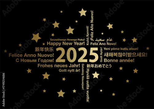 Happy New Year 2025 in different languages word cloud greeting card concept on dark background, vector illustration