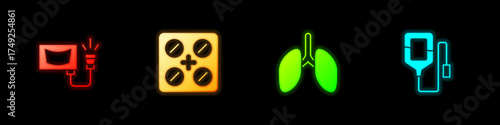 Set Ultrasound, Pills in blister pack, Lungs and IV bag icon. Vector