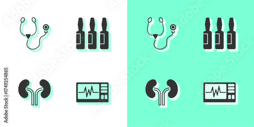 Set Monitor with cardiogram, Stethoscope, Human kidneys and Medical vial, ampoule icon. Vector