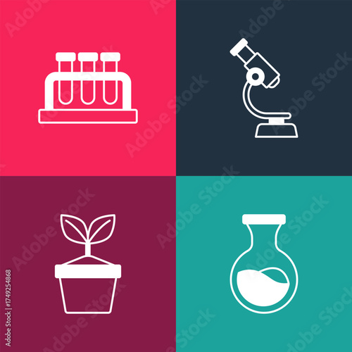 Set pop art Test tube and flask, Plant in pot, Microscope and icon. Vector