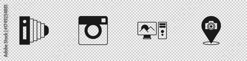 Set Photo camera, , retouching and icon. Vector