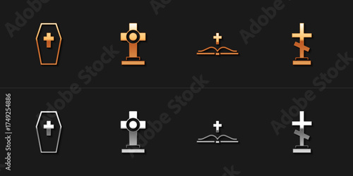 Set Coffin with cross, Grave, Holy bible book and icon. Vector