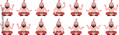 Meditating Genie Characters in Various Yoga Poses on White Background: Spiritual Wellness, Mindfulness, and Relaxation for Stress Reduction, Cartoon Graphic Illustration for Health, Lifestyle, and Des