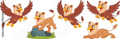 Playful Cartoon Griffin Characters in Various Poses on White Background, Mythical Creature Illustration Set for Children's Education and Fantasy Storytelling, Mascot Graphic for Games and Creative Med