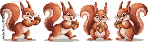 Whimsical Squirrels Gathering Acorns: Adorable Cartoon Characters in Playful Poses on Neutral Background, Perfect for Children's Illustrations, Nature Education, Animal-Themed Marketing, Animated Desi