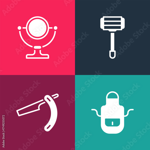 Set pop art Barber apron, Straight razor, Shaving and Round makeup mirror icon. Vector