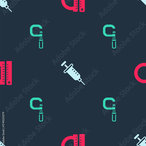 Set Protractor and ruler, Syringe and Micrometer on seamless pattern. Vector
