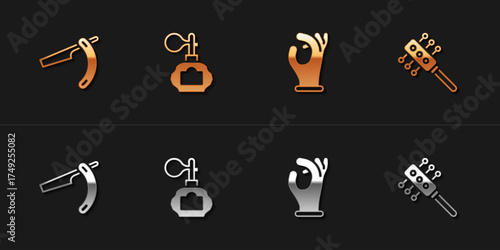 Set Straight razor, Aftershave, Medical rubber gloves and Hairbrush icon. Vector