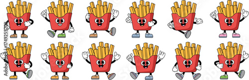Retro Cartoon French Fry Characters Dancing and Posing on White Background, Vintage Style Fast Food Mascot Icons for Kids Party Invitations and Restaurant Advertising, Expressive Graphic Elements, Tre