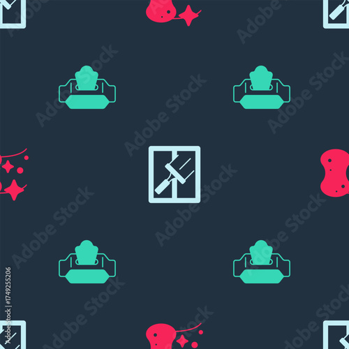 Set Sponge, Rubber cleaner for windows and Wet wipe pack on seamless pattern. Vector