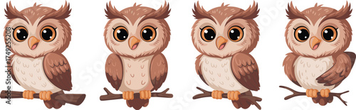 Adorable Cartoon Owls Perched on Branches in a Whimsical Forest Setting, Ready for Children's Book Illustrations, Educational Materials, and Nature-Themed Graphics.  Cute, Brown, Animal, Wildlife, Fau