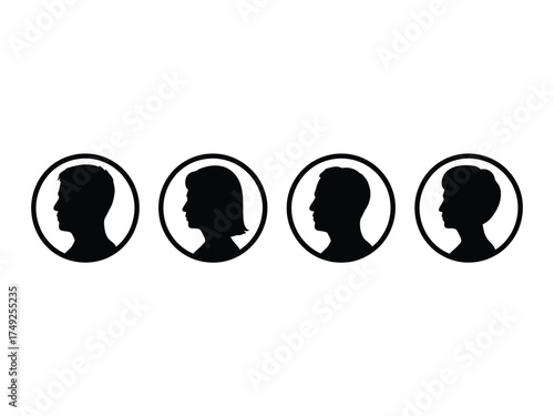 Four black silhouette profile icons representing diverse individuals scalable vector illustration eps format silhouette