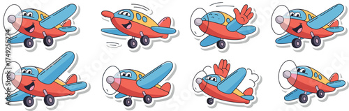 Cartoon Airplanes Flying with Cheerful Expressions: Fun Aviation Stickers Set for Children's Designs, Educational Materials, Transportation Themes, Playful Illustrations, Travel Concepts, Kids Crafts,
