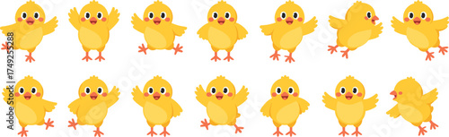 Cheerful Yellow Baby Chicks in Playful Poses on White Background: Spring Easter Celebration Design Element for Children's Illustration, Animated Cartoon, Graphic Design, Happy Greeting Cards, Nursery