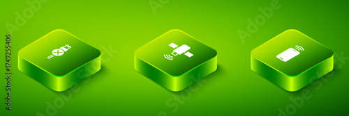 Set Isometric Satellite, Mobile with wi-fi wireless and No usb cable cord icon. Vector