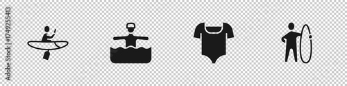 Set Kayak and paddle, Water gymnastics, Swimsuit and Surfboard icon. Vector