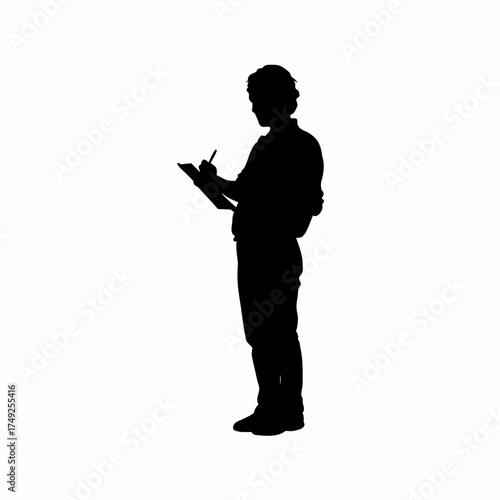 Silhouette of a person recovering and writing reflection notes isolated on white background
