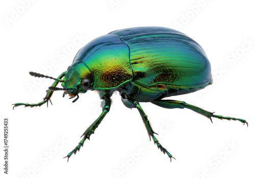 Iridescent green beetle isolated on transparent background, shiny insect with metallic shell for biology and nature studies PNG