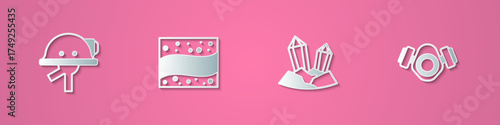 Set paper cut Miner helmet, Gold mine, Gem stone and Gas mask icon. Paper art style. Vector