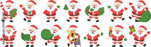 Cheerful Santa Claus Characters Delivering Christmas Joy: Cartoon Santas Celebrating Holiday Season, Spreading Happiness, Sharing Gifts, Reading Wish Lists, Decorating Trees, Festive Fun for Children,
