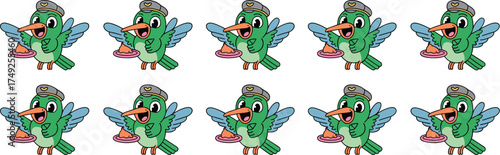 Whimsical Bird Pilot Delivering Pastry with Joyful Attitude on Cartoonish Backdrop, Ideal for Children's Education, Food Service Marketing, Animated Presentations, and Positive Branding with Bright Co