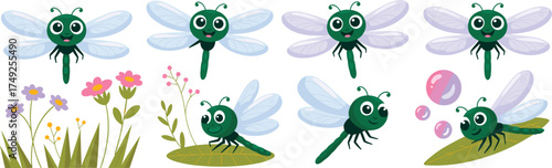 Cute Dragonflies in a Whimsical Garden, Flying, Resting, and Bubbles, Cartoon Illustration for Children's Designs, Educational Material, Springtime Projects, Insect Learning, Ecosystem Study, Insect-T