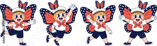 Cheerful Children Flying with Butterfly Wings in Playful Cartoon Illustration Style on Light Background, Ideal for Summer Events, Kids Education, Graphic Design Projects, Advertising, Animation, Masco
