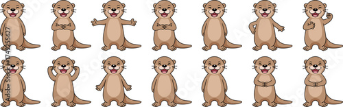 Adorable Cartoon Otters Posing with Cheerful Expressions on White Background Illustrating Playful Aquatic Mammals in Various Happy Poses for Children's Education Material, Animated Presentations, and