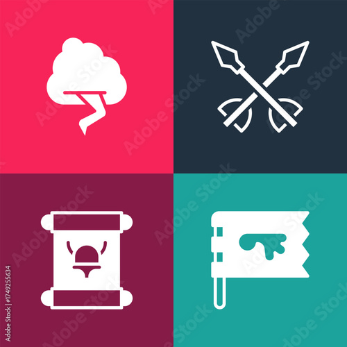 Set pop art Viking flag, Decree, parchment, scroll, Medieval arrows and Cloud and lightning icon. Vector