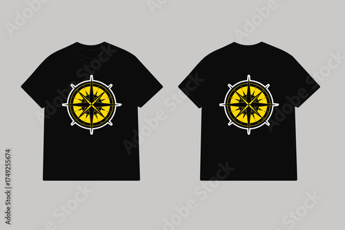 Black t shirt with yellow compass graphic nautical