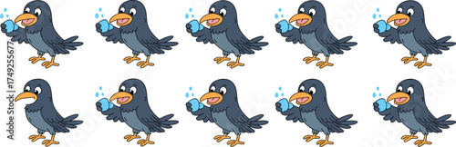 Cartoon Crows Solving Problems with Water Droplets: A Creative Educational Concept for Children's Books and Animated Stories, Illustrating Animal Intelligence, Problem-Solving, and Ingenuity in Wildli