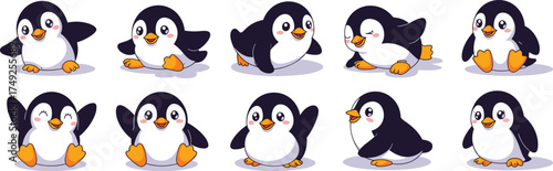 Cute Cartoon Penguins Set with Cheerful Expressions, Poses, and Gestures on White Background for Children's Illustration, Graphic Design,  Character Design,  Animation,  Educational Material,  Whimsic