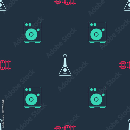 Set Xylophone, Balalaika and Guitar amplifier on seamless pattern. Vector