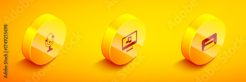 Set Isometric Microphone, Computer with music note and Retro audio cassette tape icon. Vector