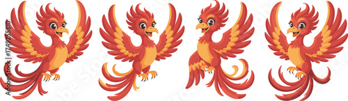 Whimsical Phoenix Characters Soaring with Vibrant Plumage,Mythical Birds in Flight with Fantasy Charm,Illustrative Designs,Animated Style,Colorful Graphic,Educational Illustration,Game Asset,Kids Stor