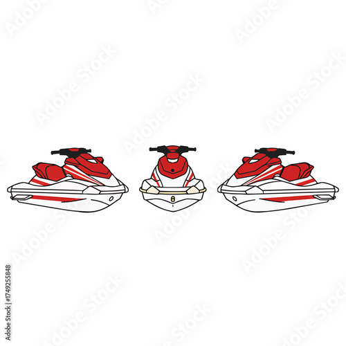 Three Jet Skis Personal Watercraft White and Red Isolated