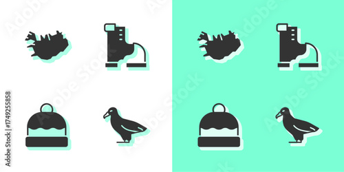 Set Albatross, Map of Iceland, Beanie hat and Winter warm boot icon. Vector