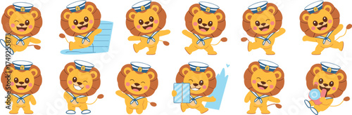 Cute Cartoon Lion Set Sailing with Sailor Hat Illustrations: Cheerful Character, Playful Animal, Fun Designs for Kids, Children's Illustration, Educational Resources, Animal Mascot, Vector Design, Hap
