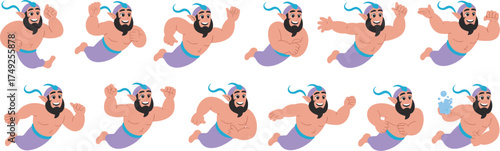 Friendly Genie Character Floating with Magic Bubbles, Granting Wishes in Arabian Nights Fantasy World, Perfect for Children's Storybooks and Animation, Representing Imagination, Fun, and Folklore Cult