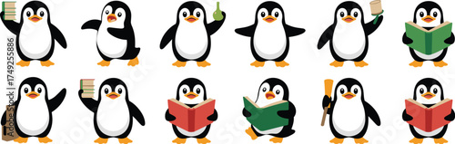 Cute Penguin Cartoon Characters Engaging in Various Activities: Reading Books, Carrying Objects in Playful Poses, Education Mascot, Arctic Wildlife Illustration for Children's Storybooks and Learning