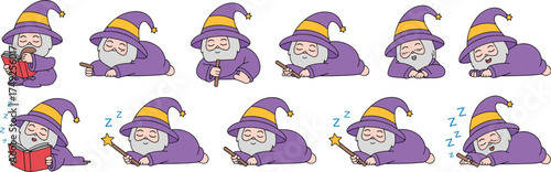 Cute Cartoon Wizard Nap Time Collection: Whimsical Sorcerer Sleeping in Various Poses, Enchanted Dreams, Magic Spells, Fairy Tale Illustration for Children's Storybooks, Fantasy Games, Education, Play