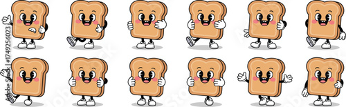Cheerful Toast Cartoon Characters Set in Retro Animation Style: Happy Bread Slices Posing for Breakfast Food Marketing, Bakery Branding, Restaurant Menu Graphics, Mascot Design, Comic Style Fun, Nosta