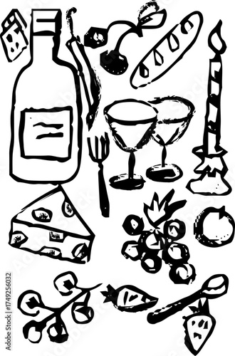 Colorful doodle of a romantic dinner: wine, cheese, fruits, and candlelight. Playful, cozy, and inviting — perfect for date nights or foodie journaling.